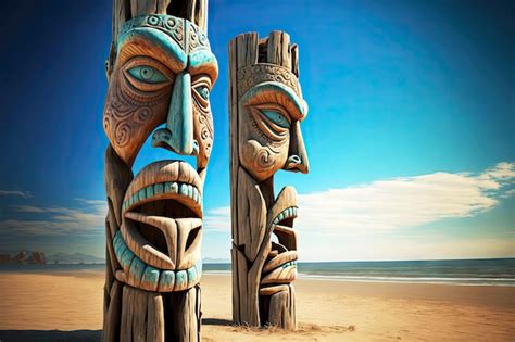 Premium Photo Wooden Statues Of Totems Idols Tiki Mask On Beach