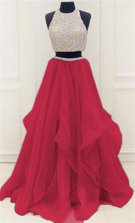 stunning sequins beaded top organza ruffles two piece prom dress 2017 floor length prom dress