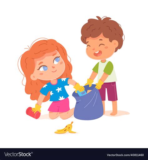 Kids Collect Trash In Bag To Clean Park Or Street Vector Image