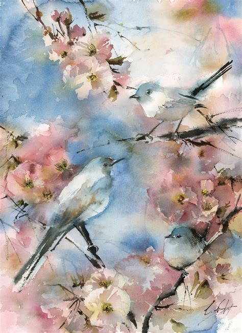 Birds Trio On Blooming Tree Original Watercolor Painting Pink Blue