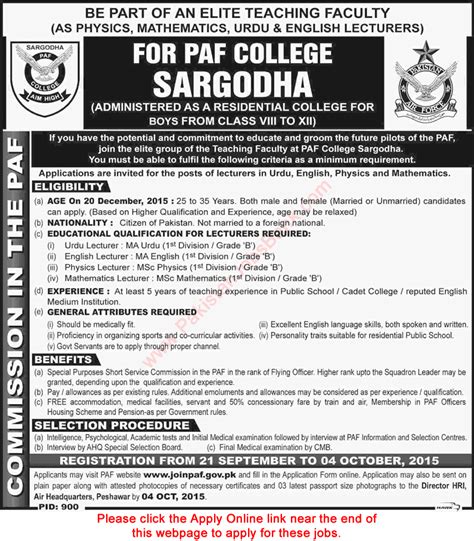 Paf College Sargodha Jobs 2015 September Lecturers Online Registration