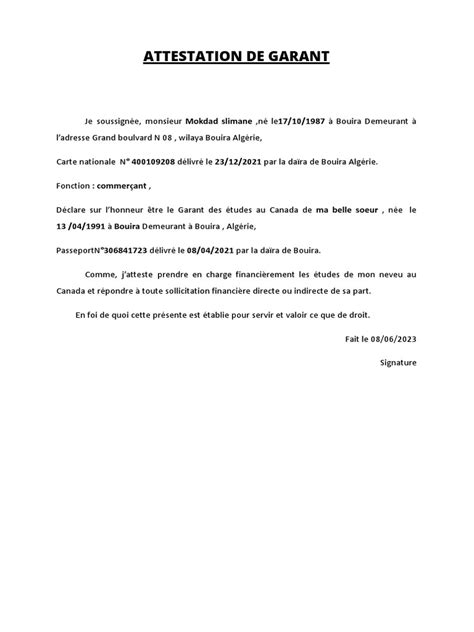 Attestation De Garant Tante M Pdf