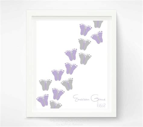 Baby Girl Purple Gray Nursery Decor Footprint Butterfly Art