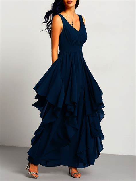 V Neckline Layered Maxi Chiffon Dress Sheinsheinside