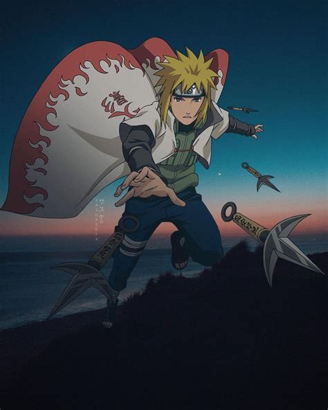 An Anime Character Holding Two Large Knives On Top Of A Hill Next To