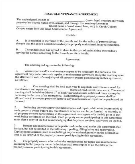 Free 6 Sample Road Maintenance Agreement Forms In Pdf Ms Word