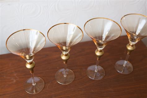 4 vintage large martini glasses with solid bubbled stem and gold detail 10oz hollywood regency