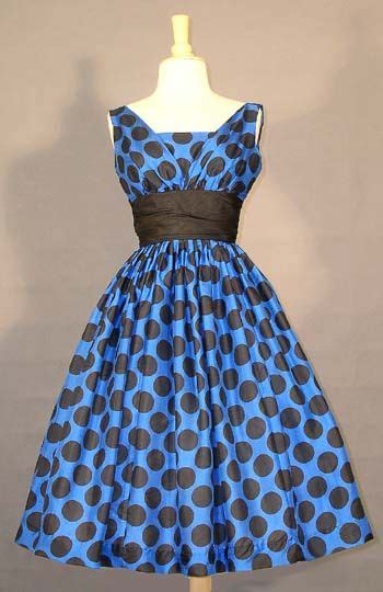 Black And Blue Polka Dotted Silk 1950s Party Dress Vintage Dresses