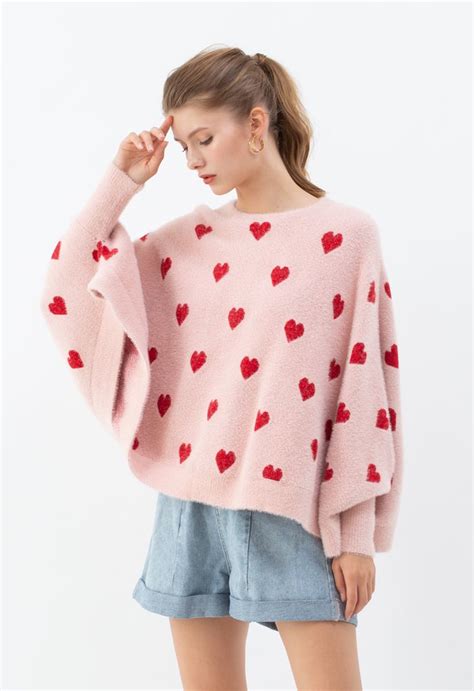Batwing Sleeves Heart Fluffy Knit Sweater In Pink Retro Indie And