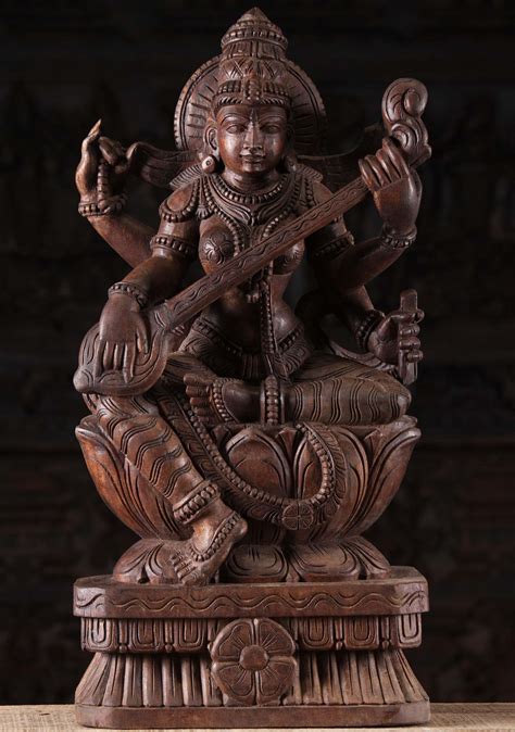 Sold Wooden Saraswati Sculpture Playing The Veena 24 76w1lh Hindu