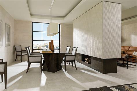 Floor tile design ideas are many. Dining Room | Porcelanosa | Dining room tile wall, Indoor ...