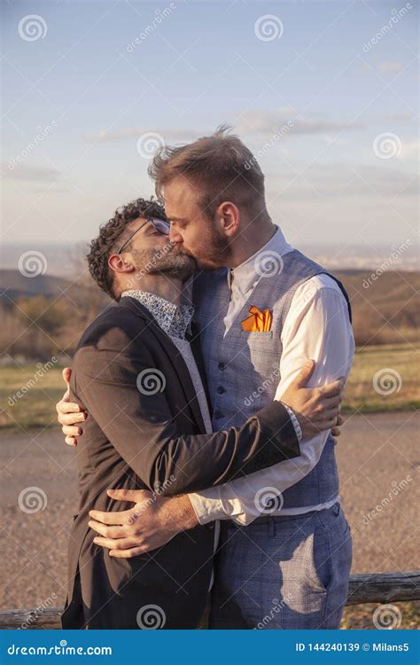 Upper Body Shot Two Men Gay Couple Kissing Stock Image Image Of