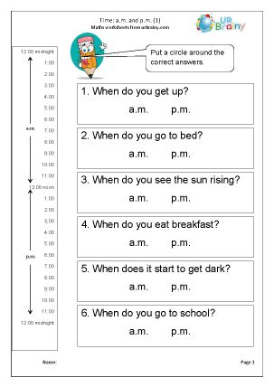 Time: a.m. and p.m. - Measuring and Time Worksheets for Year 3 (age 7-8
