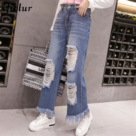 Jielur Blue Jeans Women Korean Ripped Tassel Oversized Female Jeans S 5xl Autumn High Street