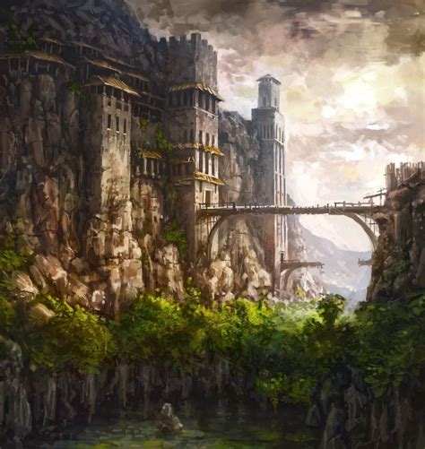 An Artistic Painting Of A Castle On A Cliff With A Bridge Going Over It