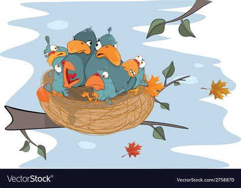 Birds With Her Four Babies In Nest Cartoon Vector Image