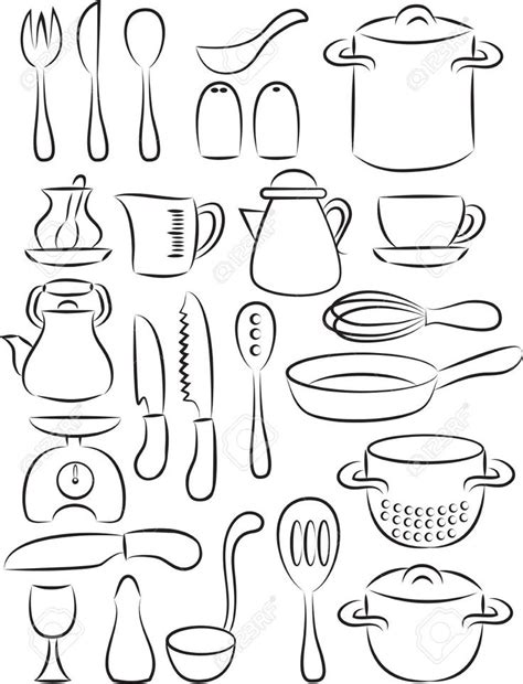 Illustration of cooking utensil set in black and white