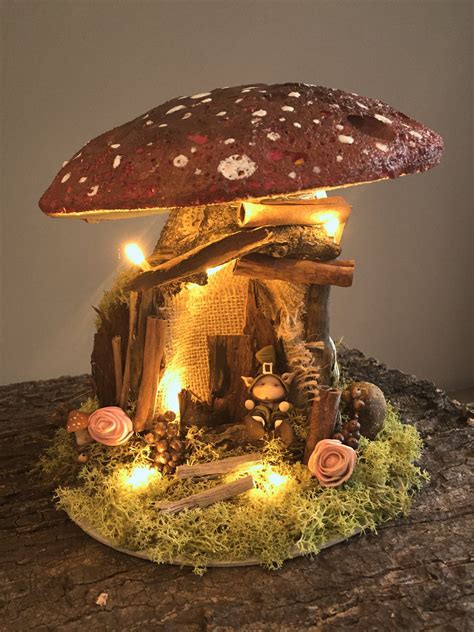 Ooak Mushroom Fairy House With Light Etsy Fairy Garden Furniture