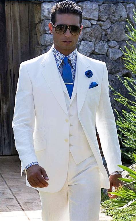 White Suit With Patterned Shirt And Blue Tie Wedding Suits Men Prom Suits White Linen Suit