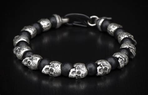 Beaded Skull Bracelet With Sterling Silver Frosted Black Onyx And