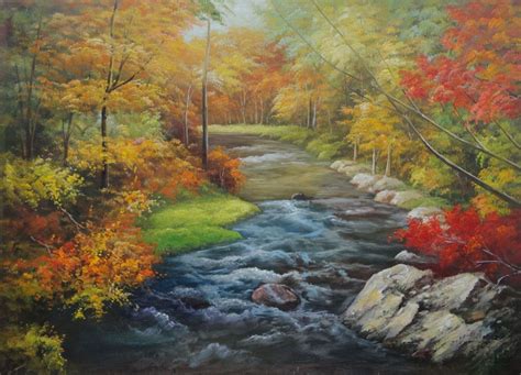 A Creek Passing Through Beautiful Autumn Forest Oil