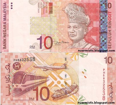 Ringgit malaysia memiliki 6 uang kertas ( rm1 , rm5 , rm10 , rm20 , rm50 dan rm100 ). Siri Lengkap Wang Kertas Malaysia - Note RM10