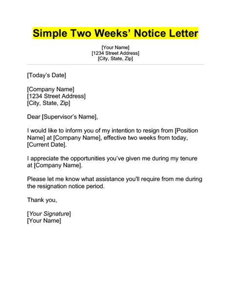 Two Weeks Notice Letter Examples Template