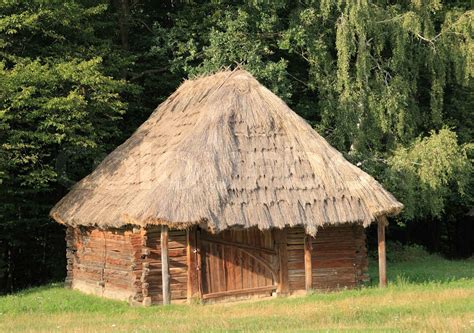 Old Wood Log Shed With Thatch Roof On Historical Country Homestead