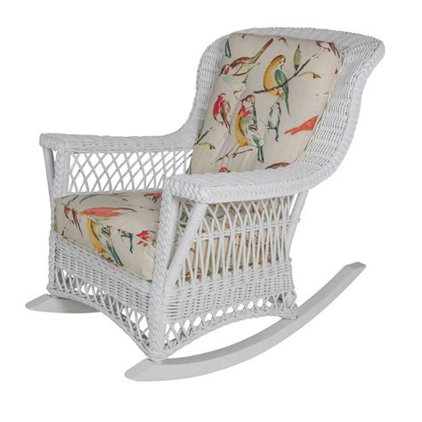 A white wicker rocking chair. Rockport Natural Wicker Rocker High Back