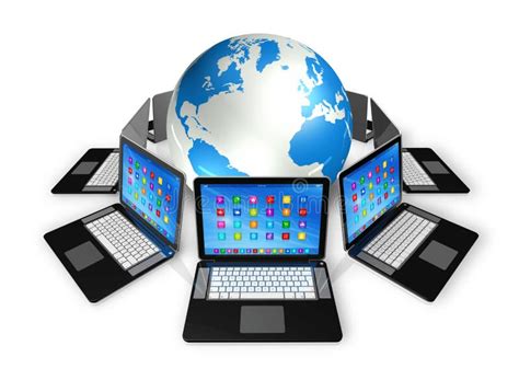 Two Laptop Computers Around A World Globe Stock Illustration