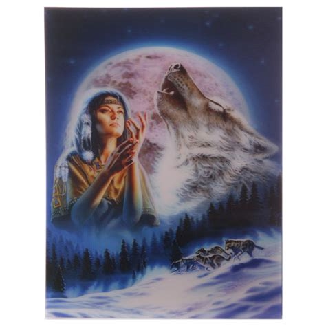 Fantasy Midnight Wolf Moon 3d Card Backed Wall Art Native American Wolf Art Native American