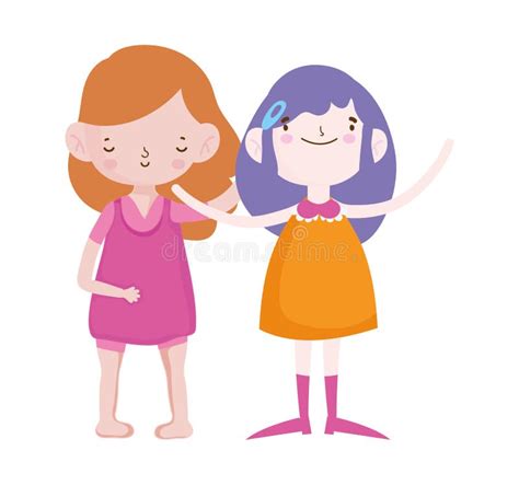 Cute Little Girls Happy Friends Cartoon Characters Stock Vector