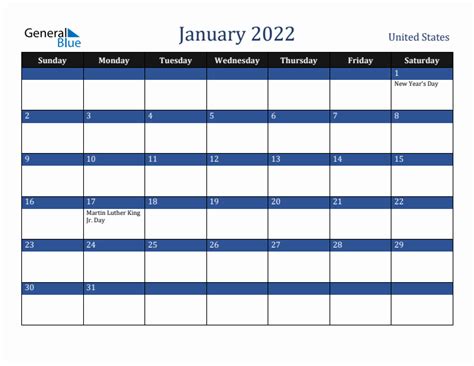 January 2022 Monthly Calendar With United States Holidays