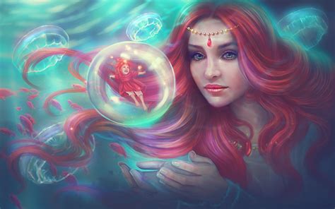 Wallpaper Sorcery Mermaids Redhead Girl Female Fantasy