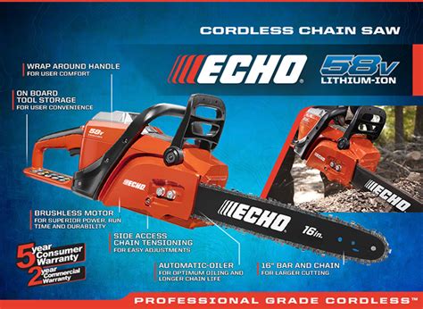 Check spelling or type a new query. Echo CCS-58V4AH 16 in. 58 Volt Lithium-Ion Brushless Cordless Chain Saw - VIP Outlet