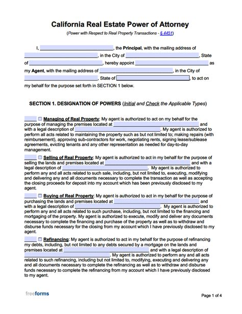Free California Real Estate Power Of Attorney Form Pdf Word