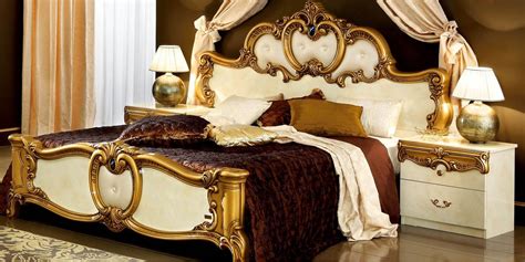 Luxury Glossy Ivory Gold King Bedroom Set 5pcs Classic Made In Italy