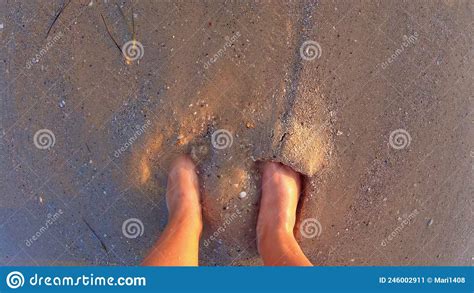 Girl Bare And Naked Feet Digging Into Wet Sand Of Beach On Seashore At Sunset Stock Image