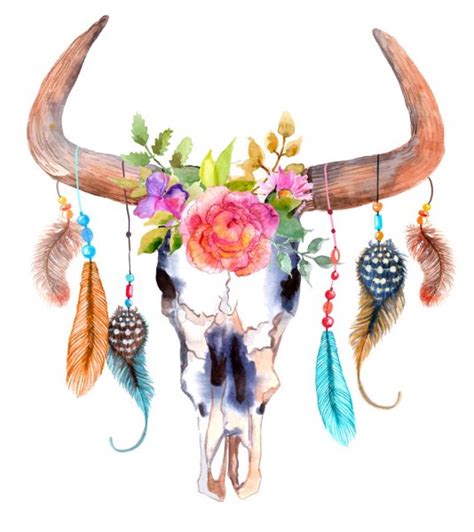 Download Watercolor bull skull with flowers and feathers — Stock Vector © Vasilek #72325269