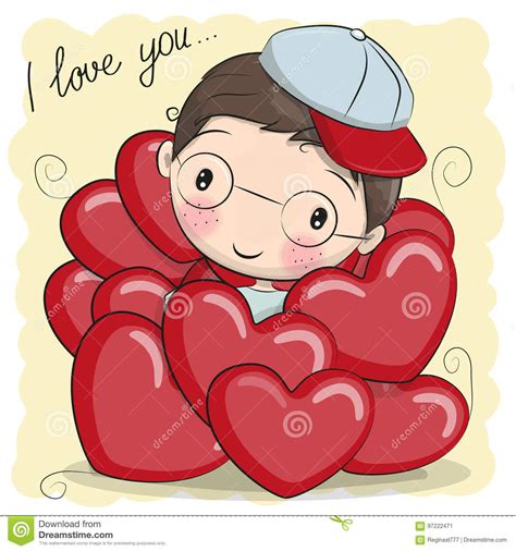 Cute Cartoon Boy In Hearts Stock Vector Illustration Of