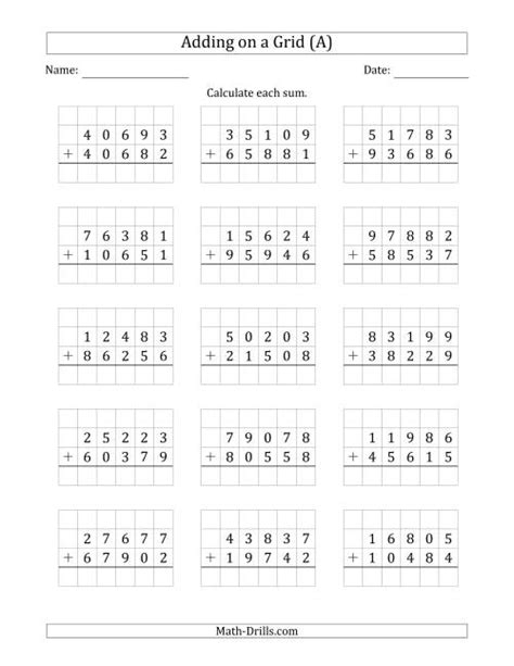 Addition 5 Digit Numbers Worksheets