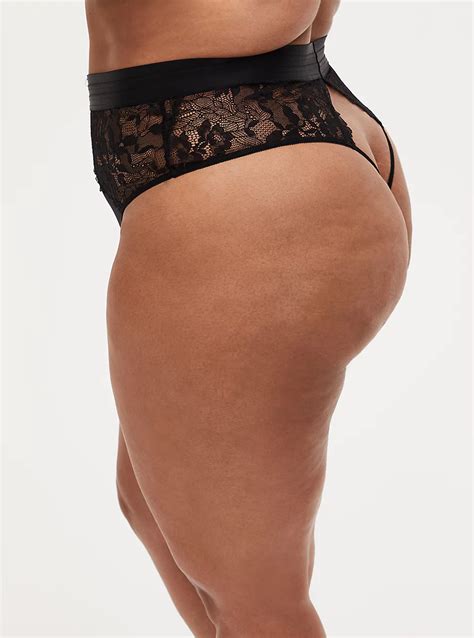 Plus Size Black Satin And Lace Cutout Back High Waist Thong Panty Torrid