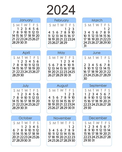 Calendar Template For The Year 2024 In Simple Minimalist Style Vertical
