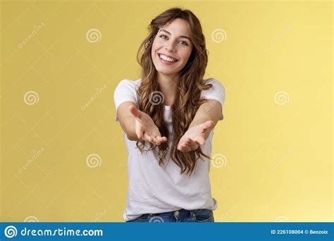 Come Closer Take My Hand Cheerful Lovely Charismatic Tender Woman Extend Arms Forward Camera