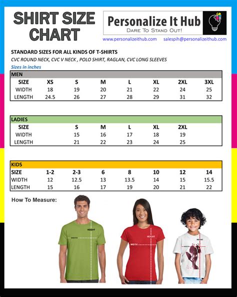 Size Chart T Shirts Polo Shirts