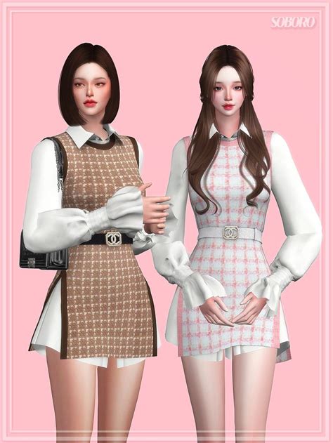 Soboro Chanel Belt Long Vest Shirt Dress Sims 4 Sims 4 Dresses