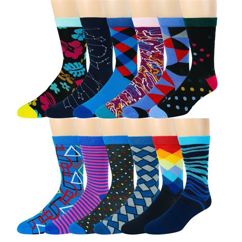 Zeke Mens Pattern Dress Funky Fun Colorful Crew Socks 12 Assorted