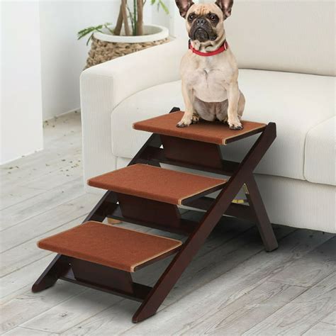 Pawhut 2 In 1 Portable Folding Pet Stairs For Dogs Wood Safety Beside