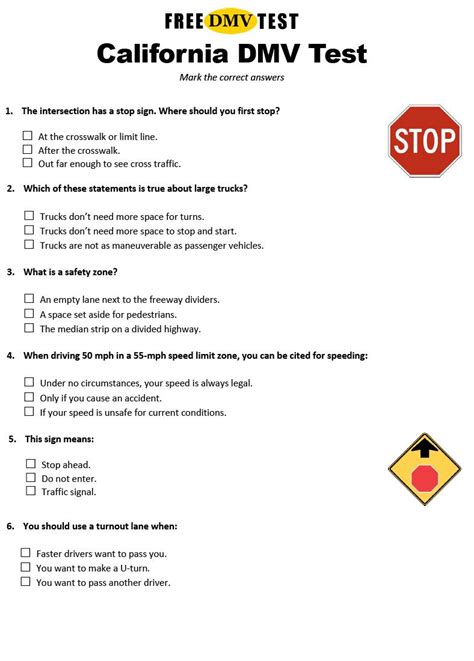 Printable Dmv Practice Test With Answers