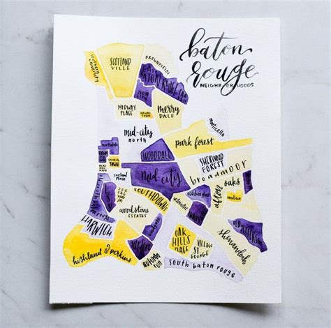 Map of baton rouge area hotels: Baton Rouge Map • Custom Watercolor Gift • Neighborhood ...
